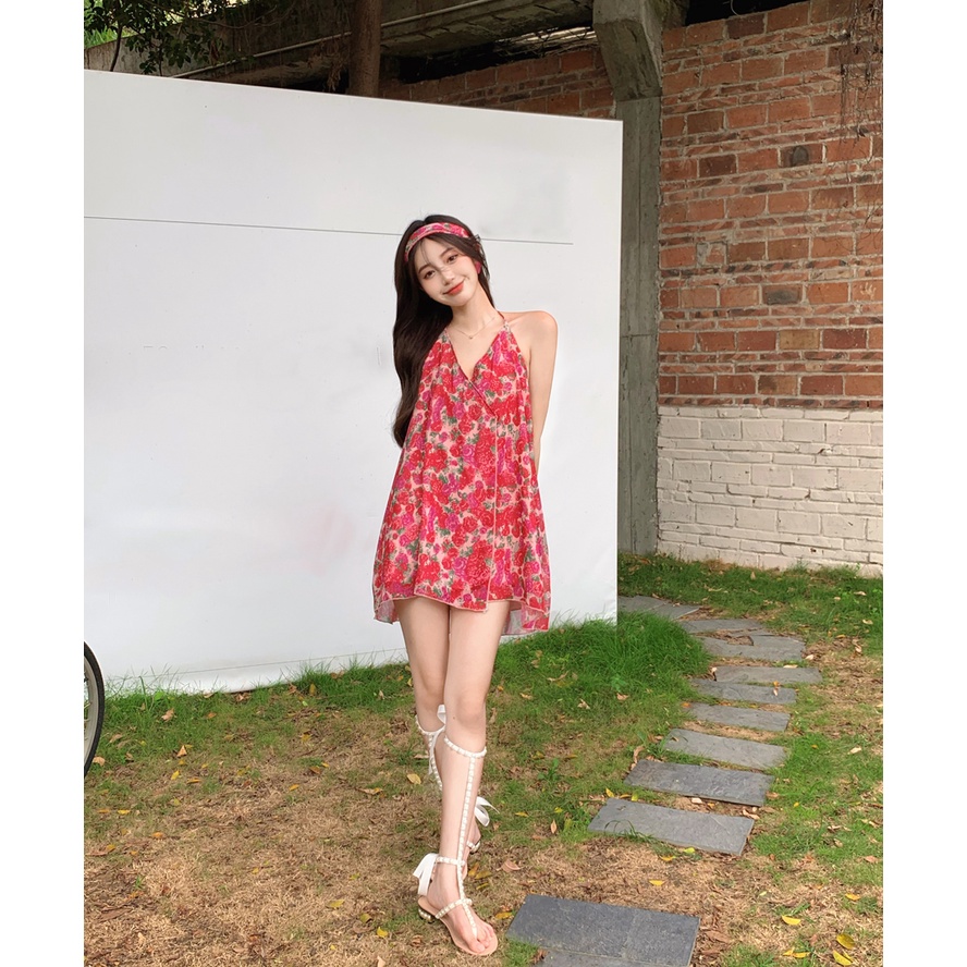 midi dress korea v-neck pinggang tinggi terbuka kembali floral suspender dress rok pendek peri kecil