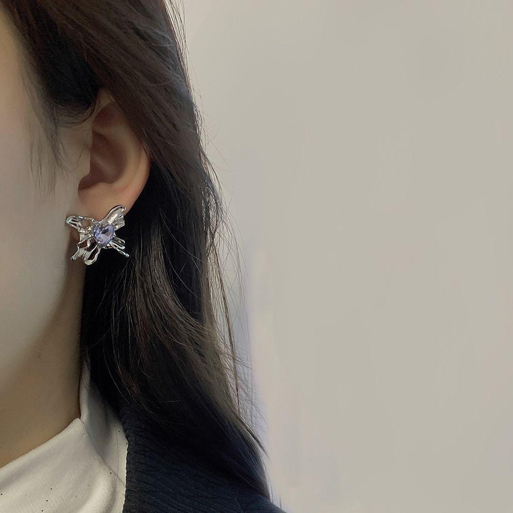 Mxbeauty Anting Wanita Fashion Tidak Teratur Telinga Perhiasan Hadiah Ungu Busur Zirkon Gaya Korea Earrings
