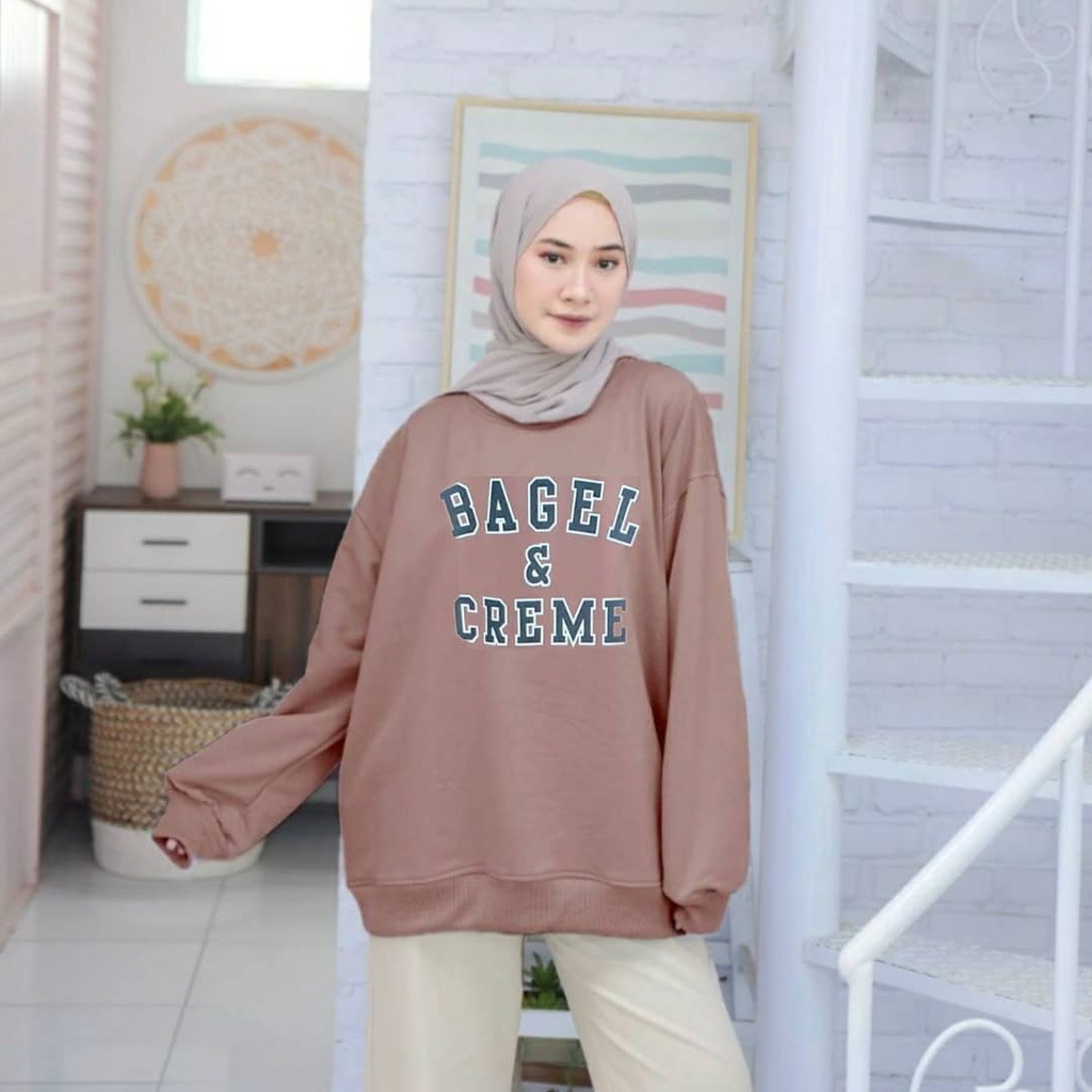 Sweater Bagel &amp; Creme Sweatshirt Crewneck Oversize Bahan Fleece