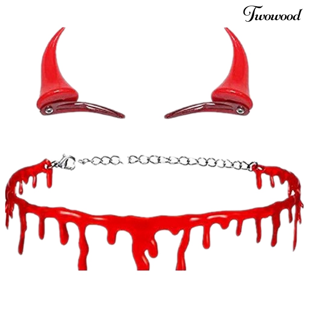 2pcs / Set Jepit Rambut Dan Kalung Desain Tanduk Setan Darah Untuk Kostum Cosplay Halloween