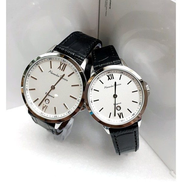 Jam tangan Couple Pria Wanita Alexandre Cristie 8436 Black White Kulit