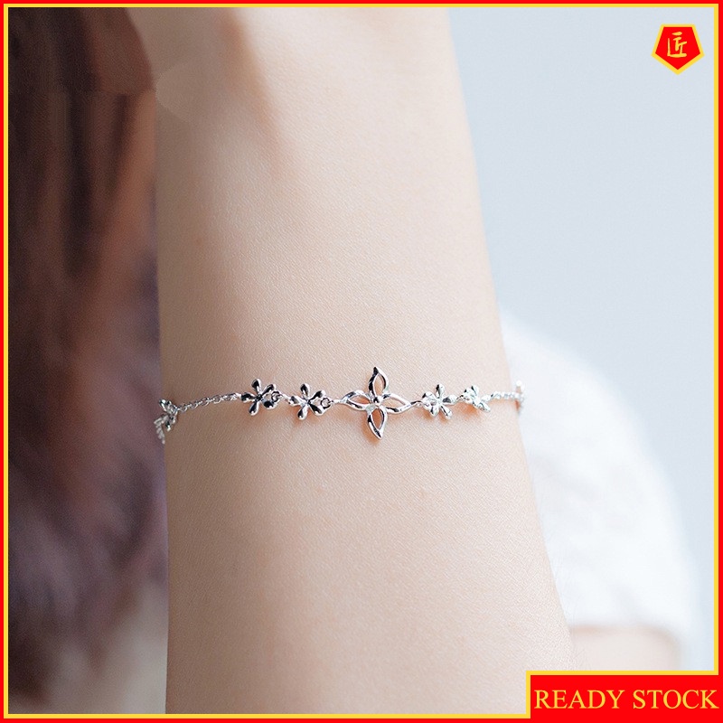 [Ready Stock]Women's Fashion Elegant Lucky Four-Leaf Clover Silver Bracelet