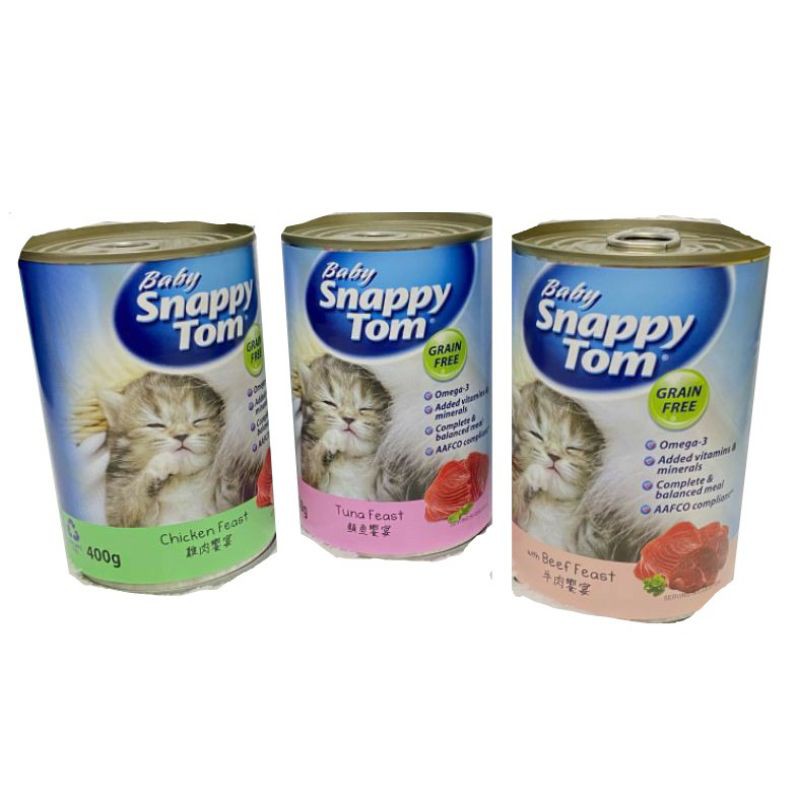 Snappy Tom Wet Can Kitten Food Baby Beef/ Tuna/ Chicken Feast Grain Free 400gr/ Kalengan Basah