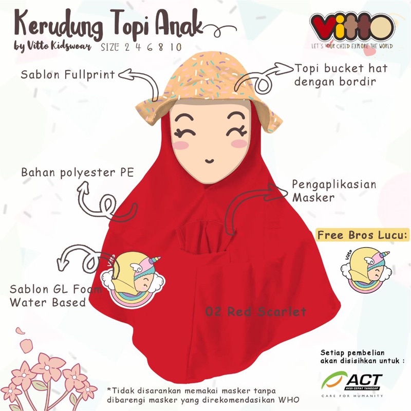 Kerudung Topi Anak Vitto Kidswear 2-10 Tahun Masker Topi Free Bross Lucu