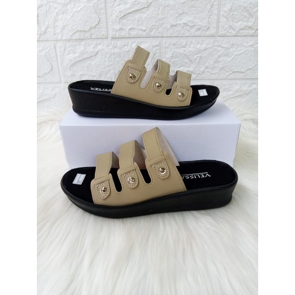 Sandal Wedges Wanita Terbaru Model Tali 3 Selop Unik Elegan Simple Bisa COD