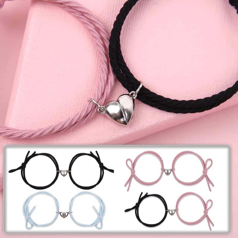 2pcs/pair Adjustable Magnet Couple Bracelets Elastic Rubber Band Love Shape Braclet Lover Gift