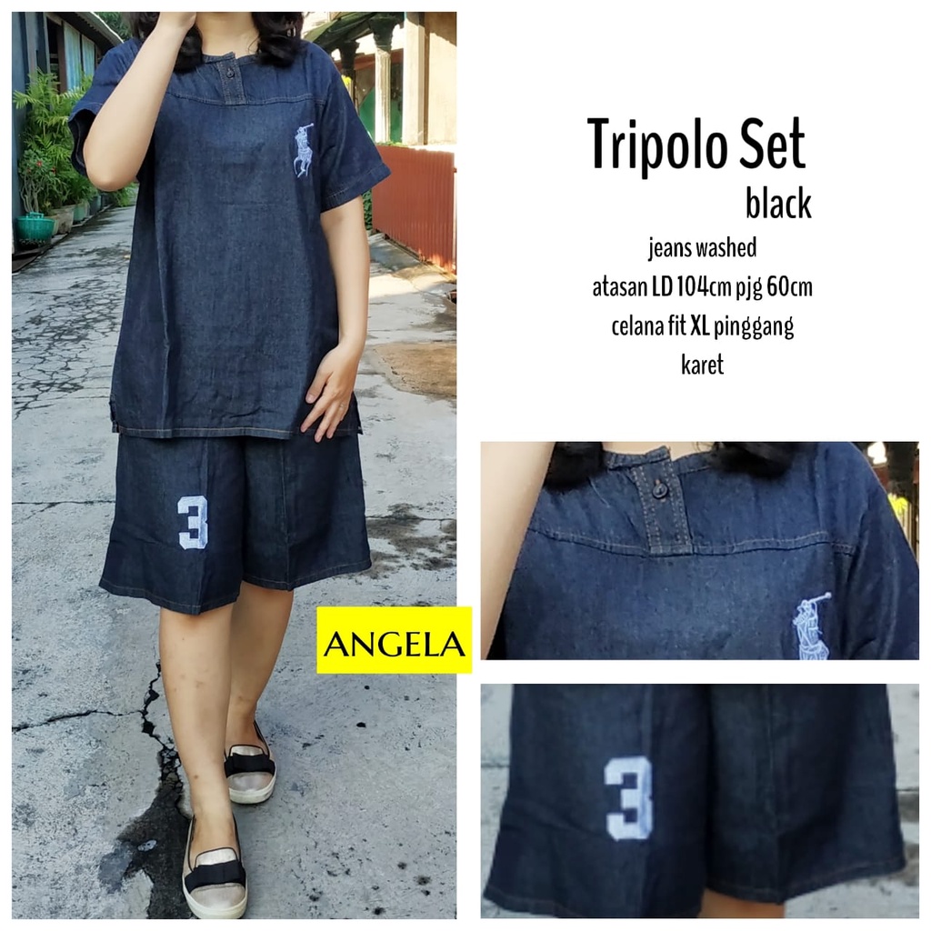 Setelan Wanita Tripo Set Jeans Denim Setelan Lengan Pendek Celana Pendek