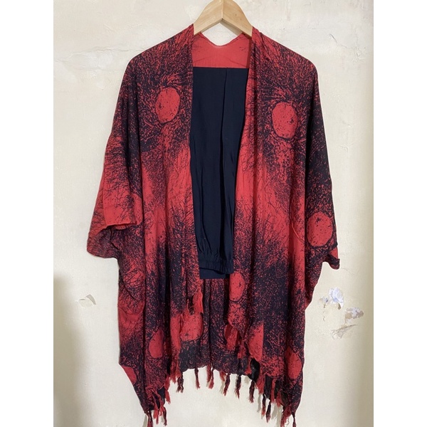 setelan OUTER AKAR&CELANA KULOT POLOS UKURAN ALL SIZE-XXXL-Merah celana hitam