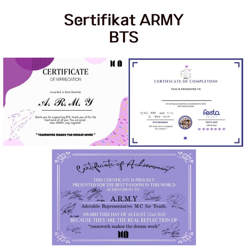 Sertifikat Army BTS Ukuran A4 Laminating