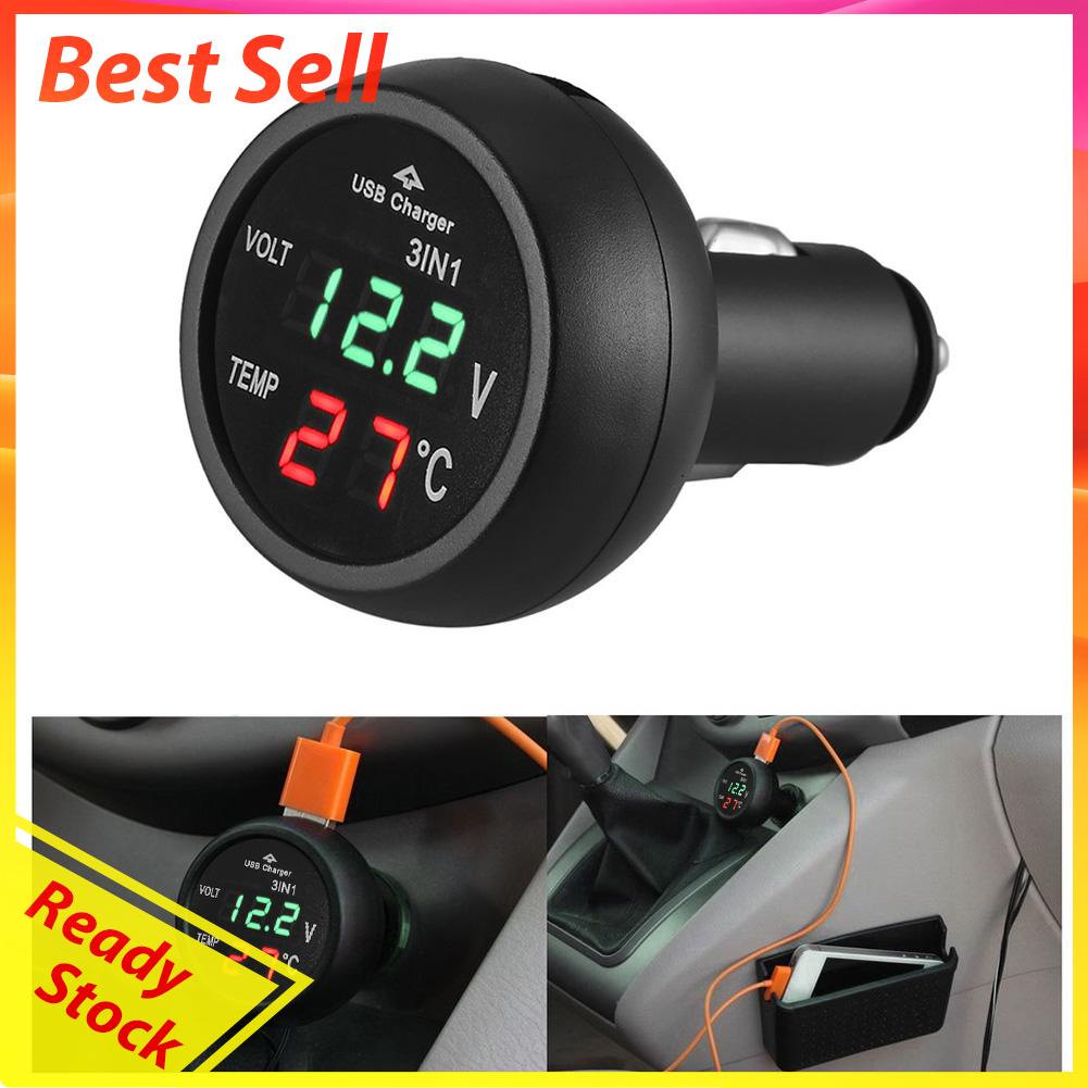 3 in 1 Voltmeter Digital LED 12 / 24V + Termometer + Charger USB