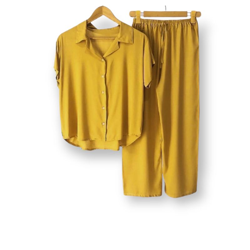 PIYAMA | BAJU TIDUR WANITA | SETELAN WANITA | PIYAMA WANITA | PIYAMA RAYON | PAJAMAS | PIYAMA JUMBO-Kuning natural