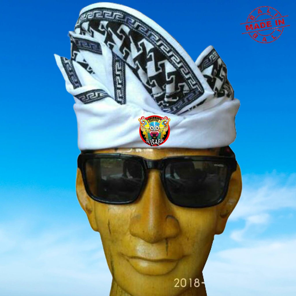 Udeng Bali Putih Polos Tepi Poleng Hitam Putih Setengah Jadi - Ikat Kepala Khas Bali Asli - Blangkon