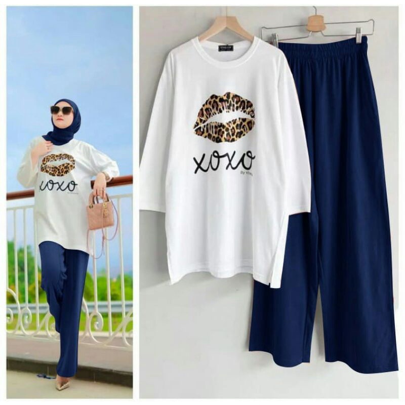 SETELAN KULOT BABYTERRY XOXO SIZE L XL XXL / SETELAN BAJU MUSLIM WANITA TERBARU / ONE SET TUNIK + CELANA PANJANG