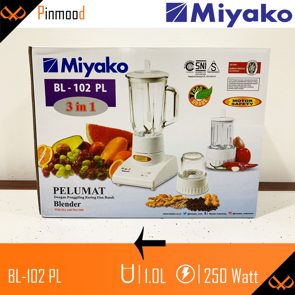 MIYAKO BLENDER BL-102 PL PELUMAT [ 1 LITER ] 3 IN 1 DRY AND WET MILL BISA KERING DAN BASAH PLASTIK