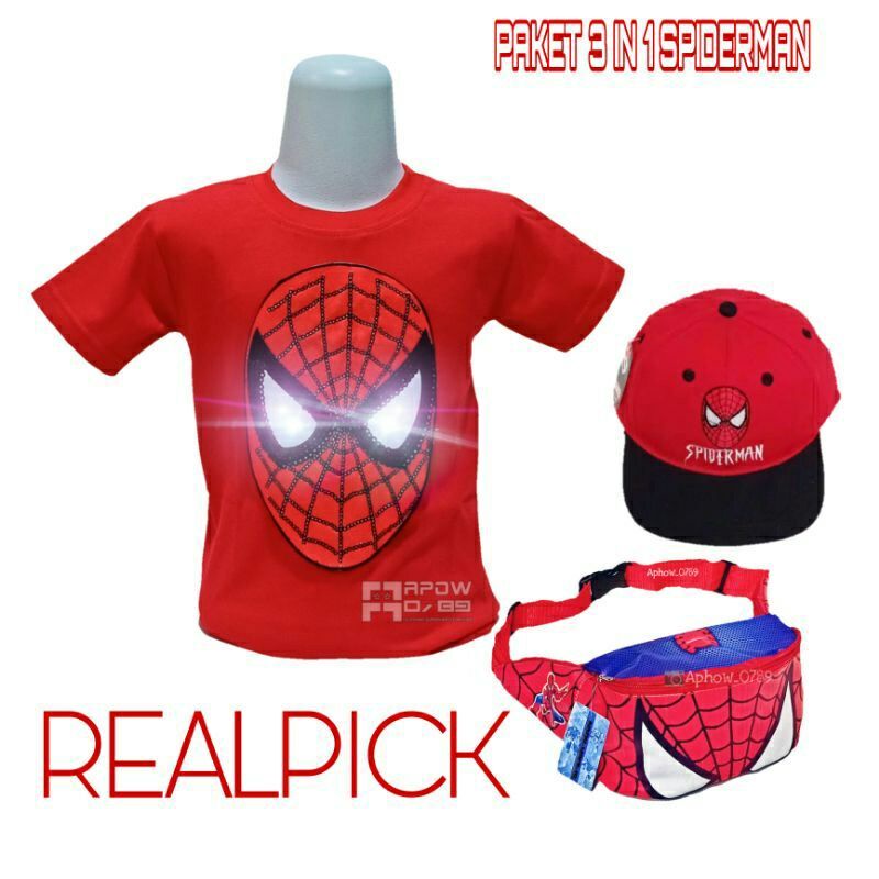 COD | Kaos Anak Karakter LeD Spiderman 3in1 Free Topi Bordir dan Tas Waistbag