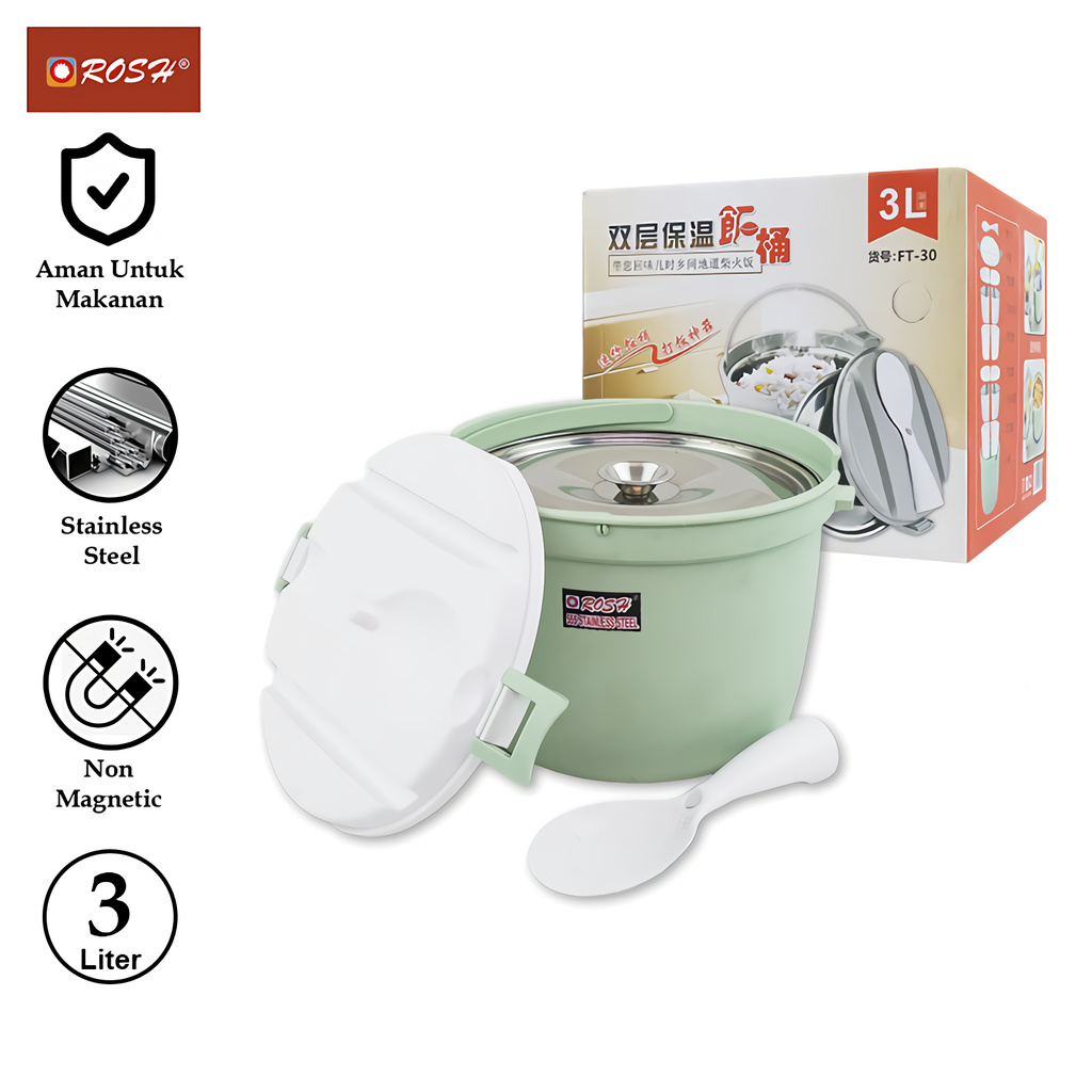 ROSH Tempat Penyimpanan Nasi / Thermos Nasi 3 Liter Rice Bucket  Stainless Non Magnetic ROS-RB3