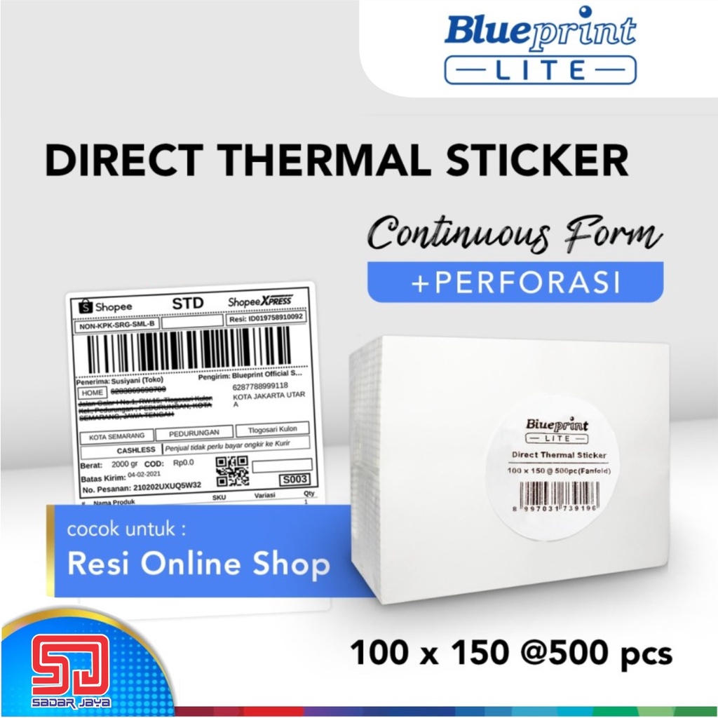 

Blueprint Lite Direct Thermal Sticker 100x150 CF isi 500 Label Resi Online Perforasi Continuous Form