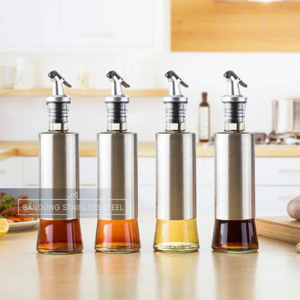 Botol Minyak Cuka Olive Oil kaca Stainless Steel 200ml 300ml saus pourer