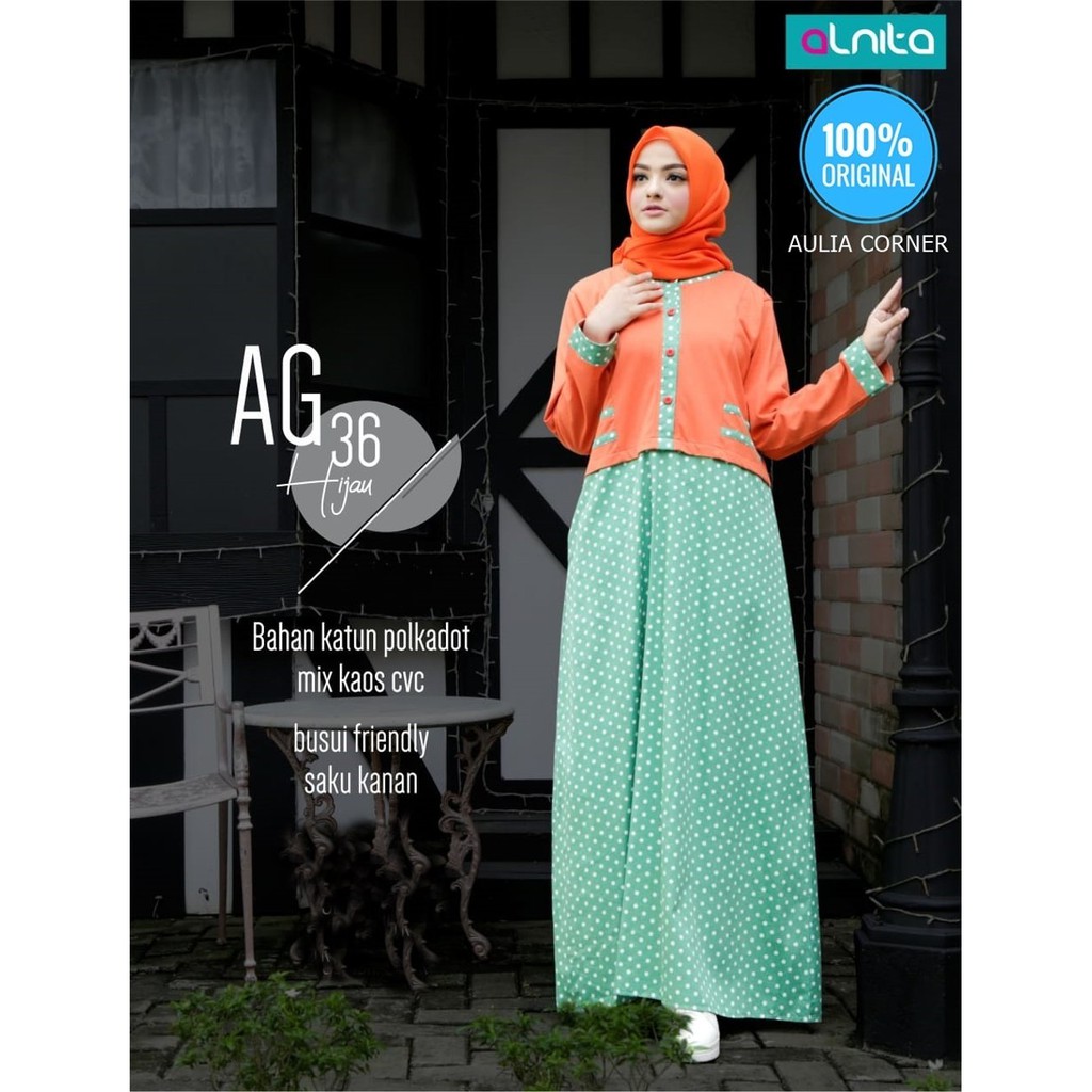 Baju Muslim Model Terkini Gamis Alnita AG 36 Hijau Untuk Lebaran