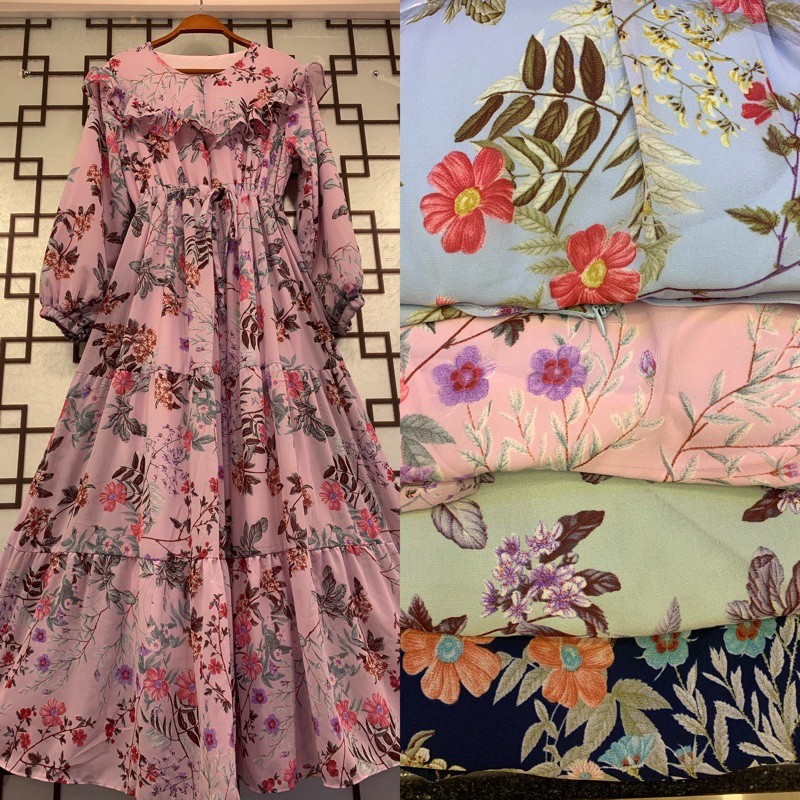 Gamis andin motif bunga bahan chiffon ceruty full furing merk yuri