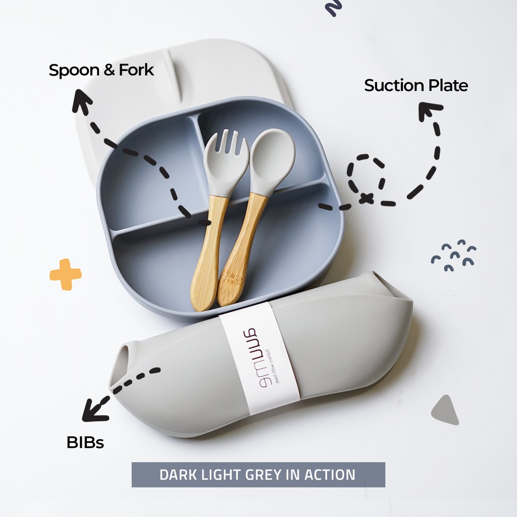 Auume - Peralatan Makan Bayi Silicone | Satu Set Piring Sendok Garpu Celemek | Hampers Bayi