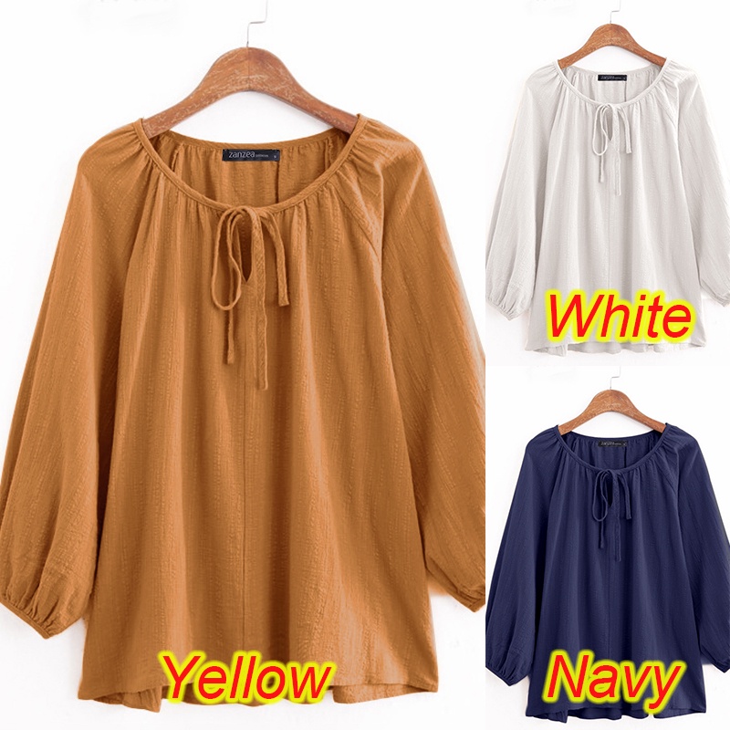 ZANZEA Women Casual Vintage 3/4 Puff Sleeve Solid Color Blouse