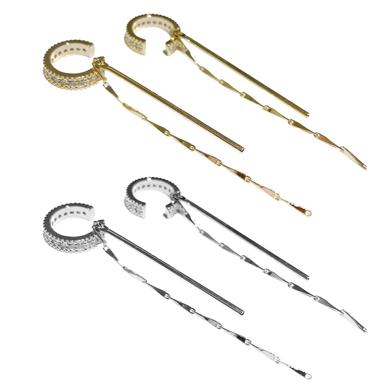 Anting Klip Tanpa Tindik Bentuk C Rumbai Panjang Hias Zircon Untuk Wanita