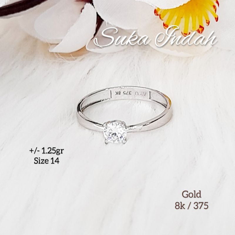 Cincin emas putih solitaire emas asli 8k / 375