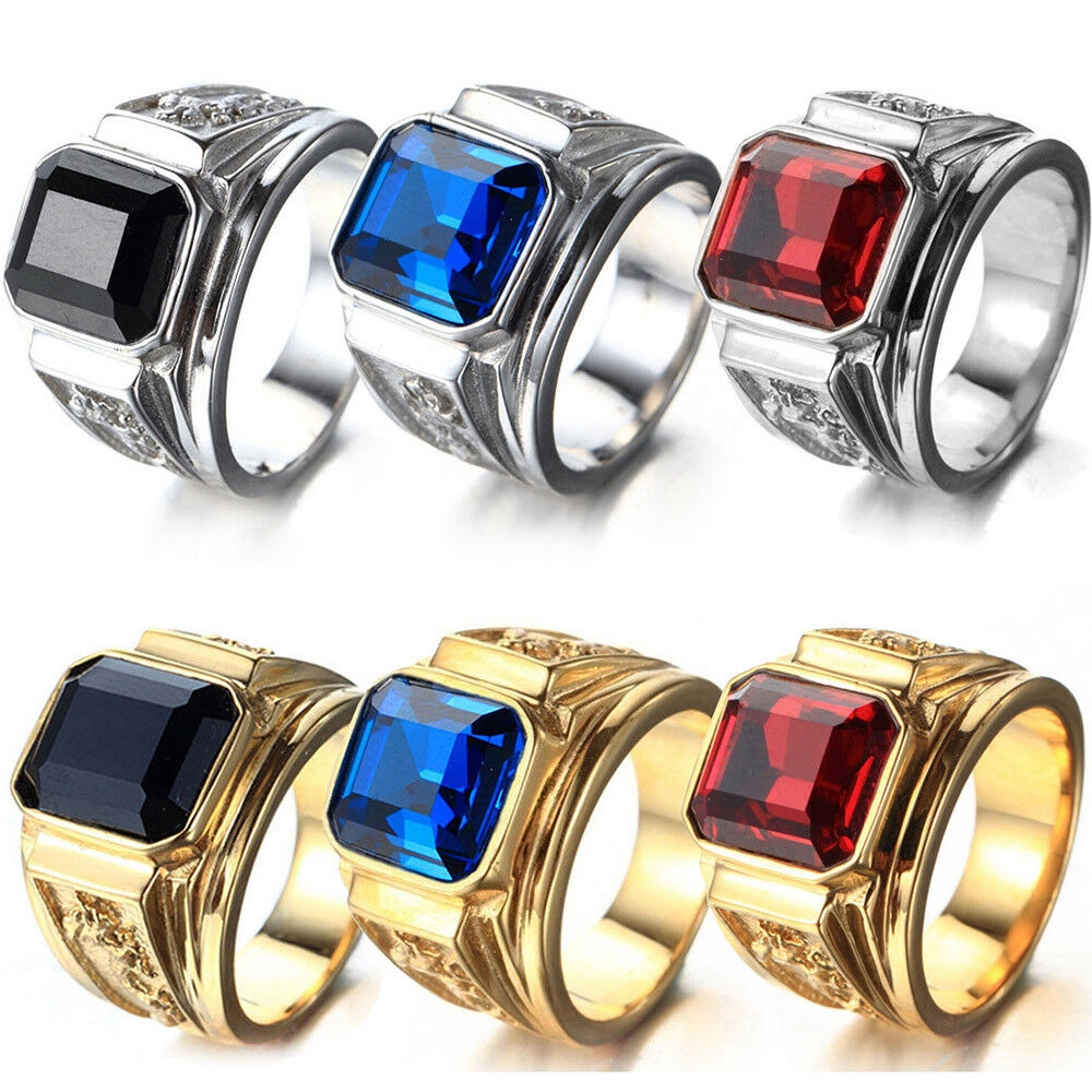 Cincin Fashion Pria Wanita Perak Baja Titanium Emas 18K Batu Permata Kristal Persegi Fashion Perhiasan Punk Hewan Naga Safir Rubi Men Rings