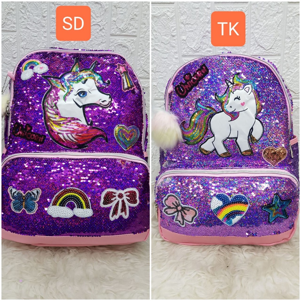 Tas Sekolah Anak SD dan TK Paud Model Sequin Usap Gambar Unicorn LOL Frozen Tas Ransel Anak SD TK PG Perempuan Free Pompom