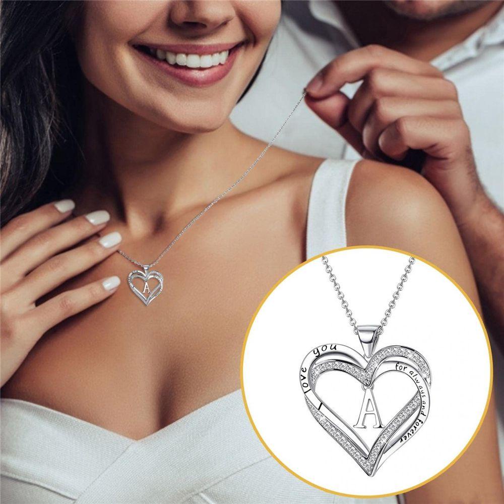 R-flower Heart Necklace Untuk Wanita A Sampai Z Inisial Cubic Zirconia Huruf Alfabet Silver Plated Heart Pendant Necklace