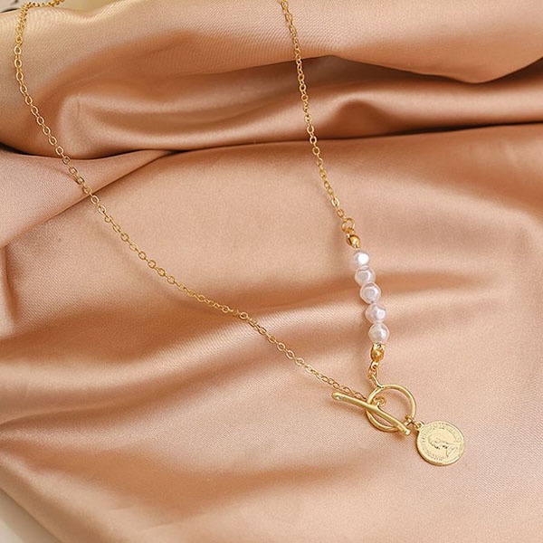 kalung simpel pearl retro coin necklace jka216 (3E3)