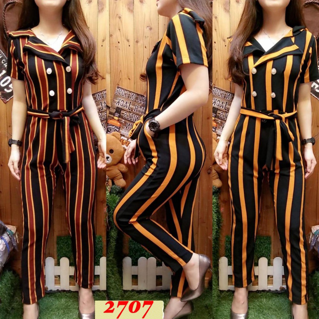 kathryn collection #009, Jumpsuit salur crepe super premium celana panjang tangan pendek