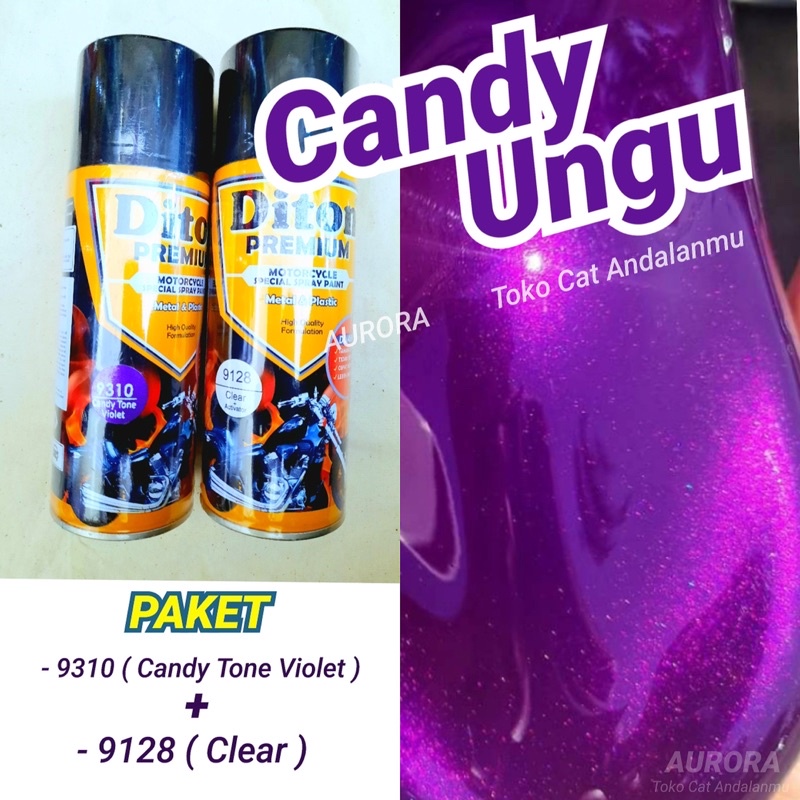PAKET Diton Premium Candy Tone Violet 9310 Ungu Candytone + Clear Gloss 9128 Cat Pilok Pilox Pylox