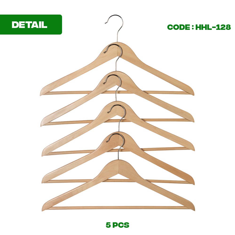 HOPA GANTUNGAN BAJU set isi 5 pcs - Hanger kayu (Wood) warna Natural / Gantungan baju - HHL-128