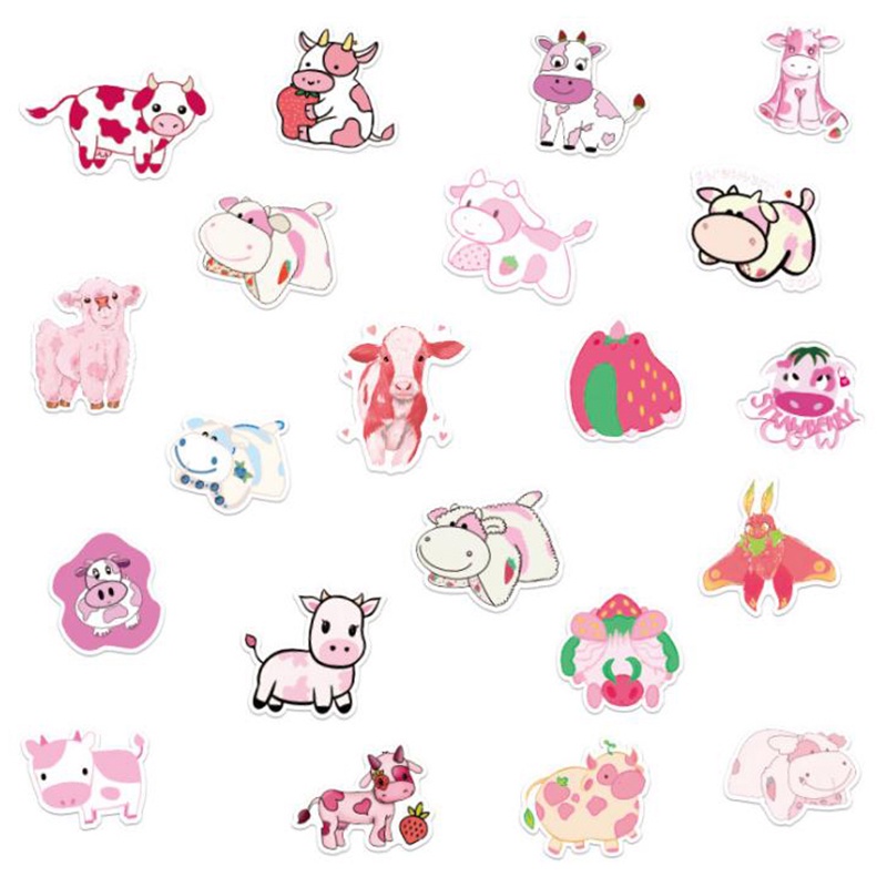 【beautifulhome12.id】50Pcs Cartoon Pink Strawberry Cow Stickers Laptop Skateboard Luggage Stickers