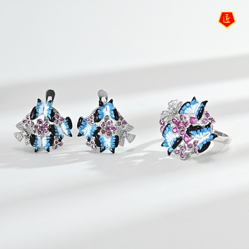 [Ready Stock]Three Butterfly Micro-Inlaid Gemstone Enamel Ring