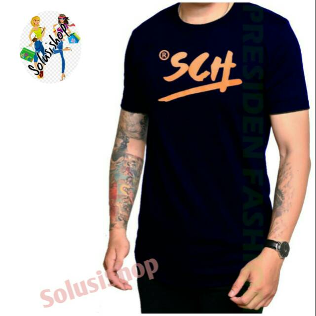 Baju Kaos Lengan Pendek SCH Logo Texs Orange Pashion Pria Distro Premium