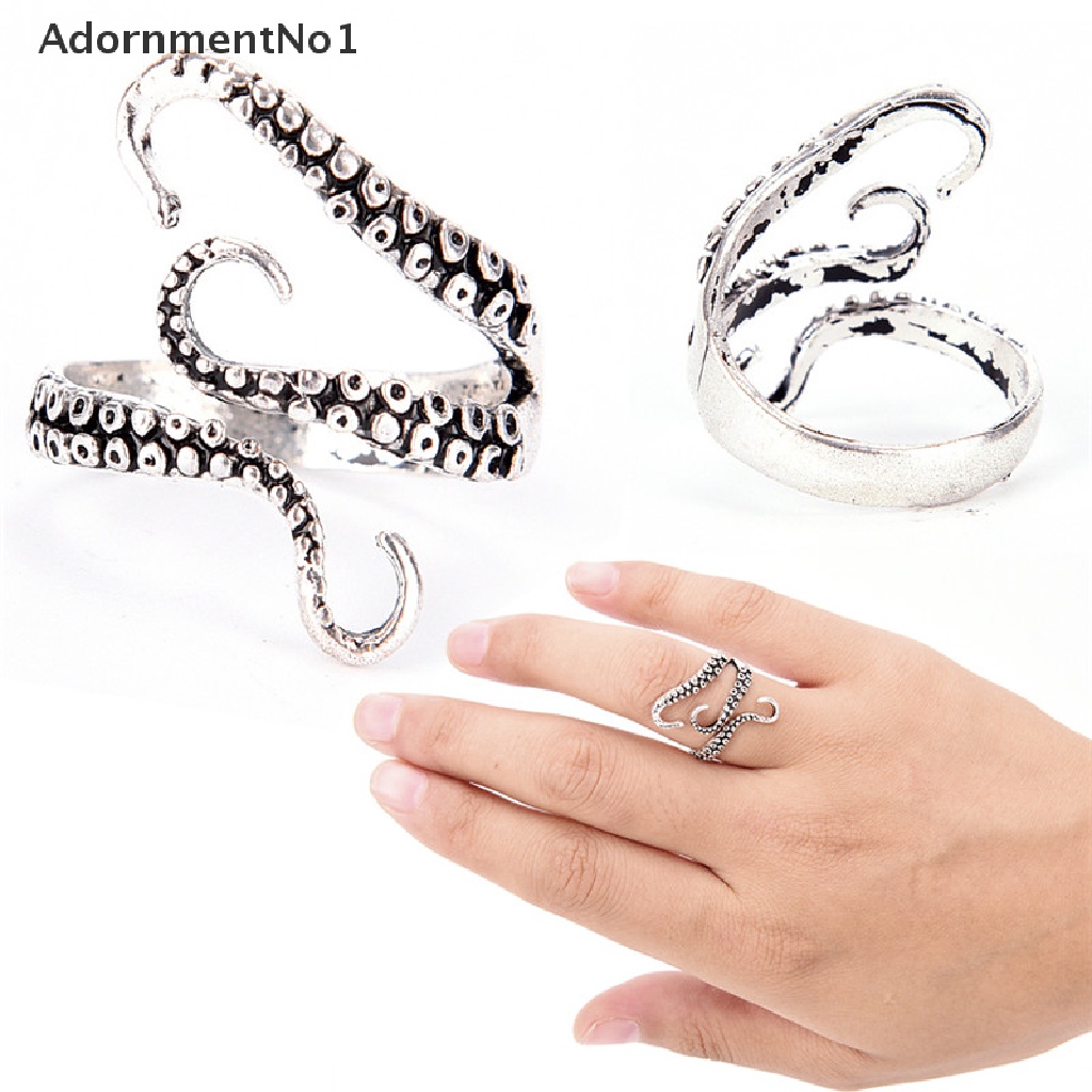 (AdornmentNo1) Cincin Terbuka Adjustable Model Monster Laut / Gurita Warna Silver Gaya Punk Vintage Untuk Wanita