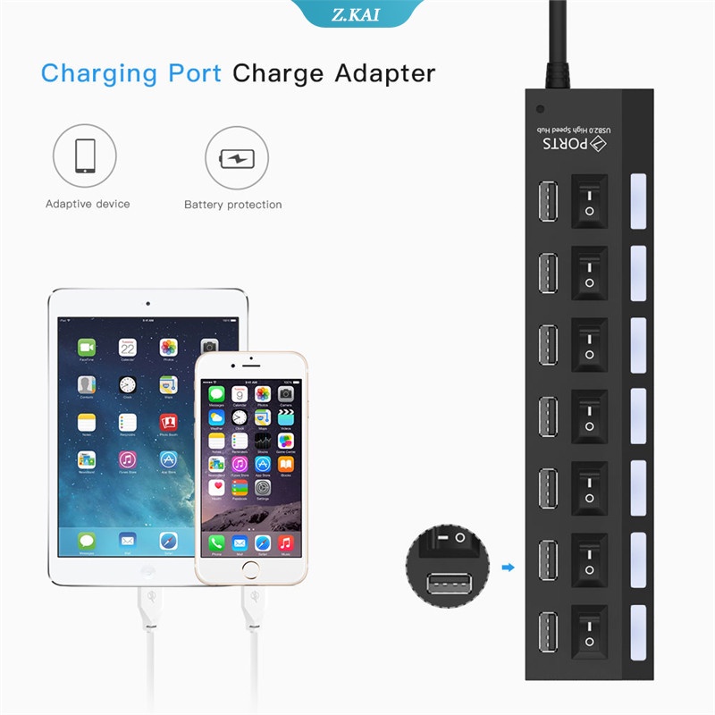 Hub Splitter Power Adapter Multi Port USB 2.0 4 / 7 Port 2.0 Dengan Saklar Untuk PC