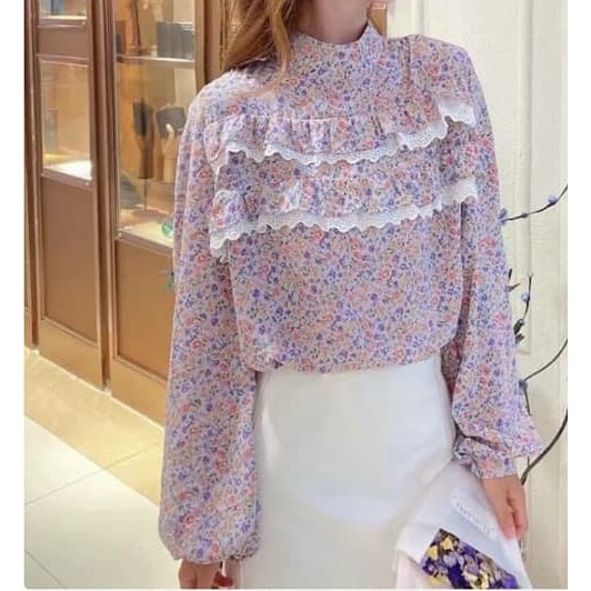 BLOUSE BUNGA// KOREAN RUFFLE// FASHION ATASAN LENGAN PANJANG IMPORT  TERBARU