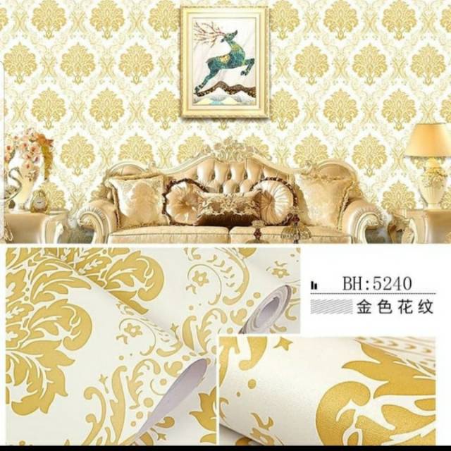 WPS162 BATIK GOLD MOTIF WALLPAPER STICKER 45CMX10M STIKER DINDING TEMBOK RETRO KLASIK CLASSIC DIY KE