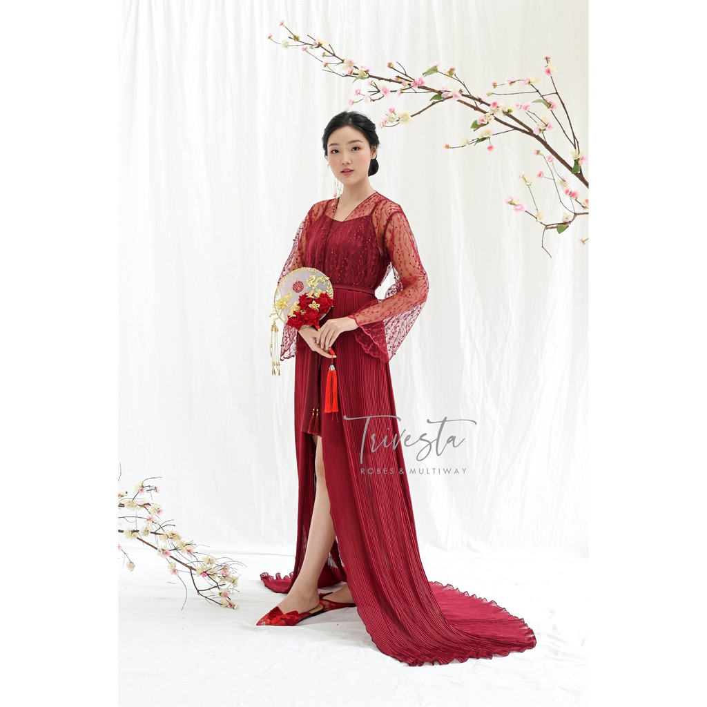 Clarkia Robe in Maroon - Sangjit Tingjing Lamaran Robe Kimono Pengantin