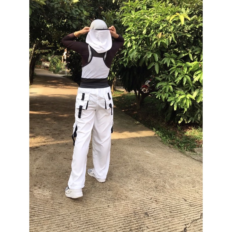 Celana Senam Olahraga Zumba Putih Lis Hitam Cargo / Celana Training Fitness Cycling Running Gym-7