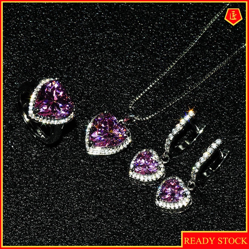 [Ready Stock]Heart-Shaped Pendant Luxury Pink Crystal Earrings Open Ring Set