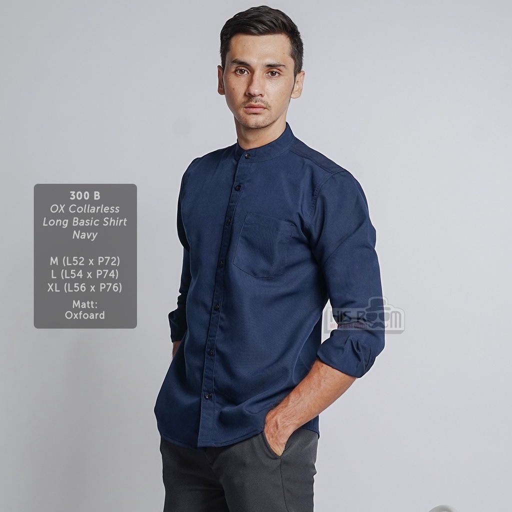 HSRM - Kemeja Pria Kerah Shanghai Kemeja Collarless Kemeja Formal Polos Lengan Panjang KEGA OX 293 300