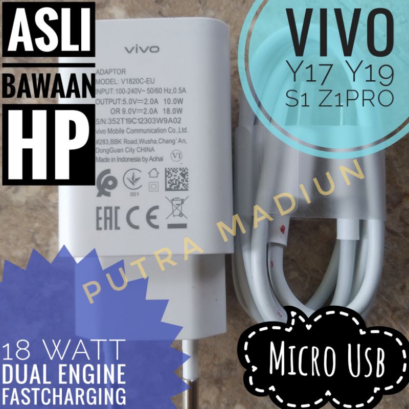 charger Ori Copotan cabutan bawaan hp Vivo y19 y17 S1 Z1 pro dual engine fastcharging 18 watt