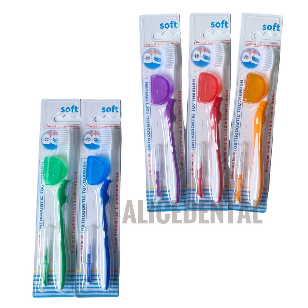 Sikat gigi ortho behel dengan tutup BONUS INTERDENTAL BRUSH SOFT bulu lembut V trim behel dr smith orthodontic toothbrush tooth brush tengah cekung pendek dr smile