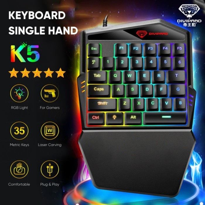 Keyboard Gaming Divipard Single Hand One Hand K5 Backlight