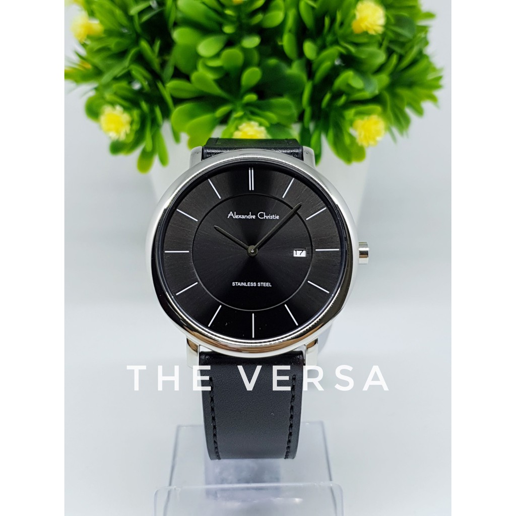 Alexandre Christie AC 8589 Jam Pria Kulit Silver Dial Black